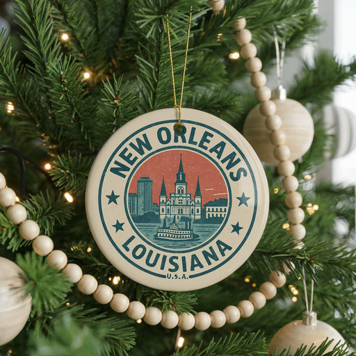 A circular ornament on a Christmas tree, featuring the text "NEW ORLEANS LOUISIANA" and an illustration of the city skyline.