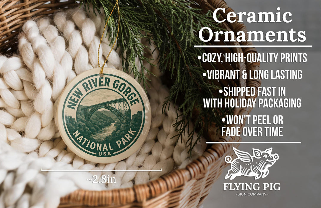 a ceramic ornament hanging from a wicker basket, with a description of the ornament and its features.