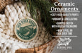 a ceramic ornament hanging from a wicker basket, with a description of the ornament and its features.
