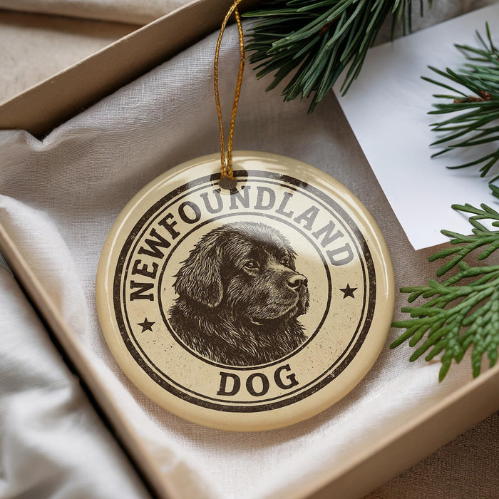 A circular ornament with a dog's head and the text "NEWFOUNDLAND DOG" printed on it, hanging from a string.