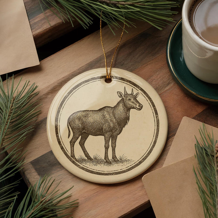 a round ornament with a detailed illustration of a deer or antelope, hanging on a wooden surface. The ornament is surrounded by pine branches and a cup of coffee, creating a cozy and festive atmosphere.