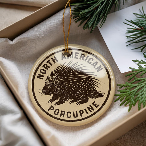 A porcupine ornament is displayed in a box, surrounded by pine branches and a white card.