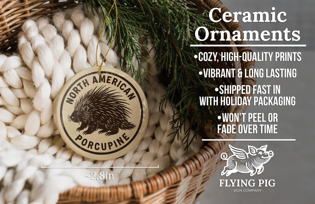 Ceramic ornaments, featuring a porcupine design, are displayed in a wicker basket.