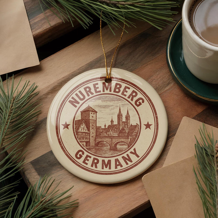 A circular ornament with the text "NUREmberg Germany" is displayed on a wooden surface, surrounded by pine branches and a cup of coffee.