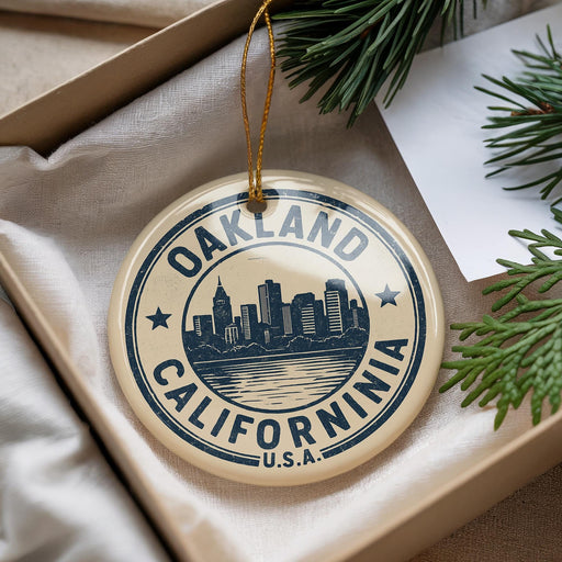 A circular ornament with the text "OAKLAND CALIFORNIA" and a graphic of a city skyline, hanging from a string.
