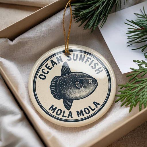 A round ornament with a fish design, hanging from a string, placed inside a box with pine branches.