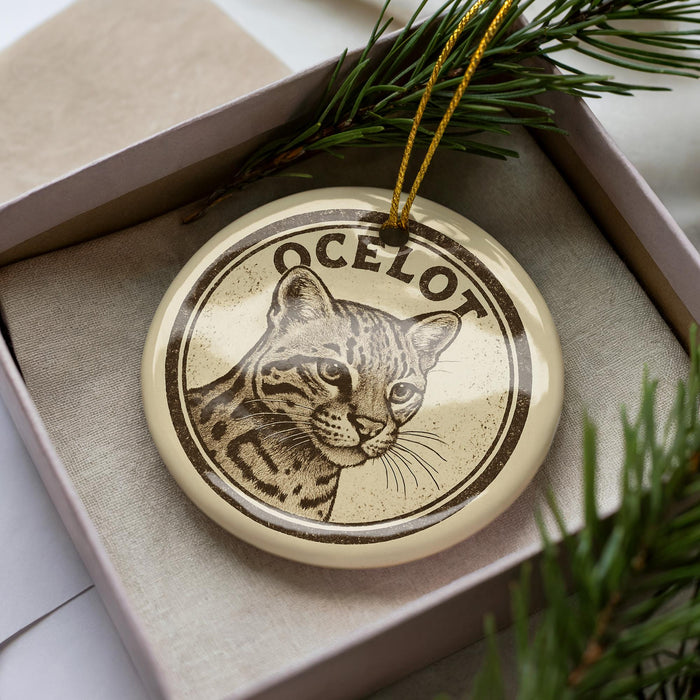 A circular ornament with a cat image and the word "OCELOT" written on it, placed inside a box with pine branches.