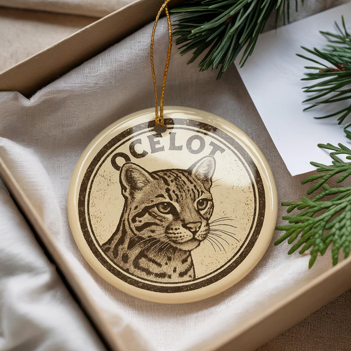 A round ornament with a cat's face on it, hanging from a string.