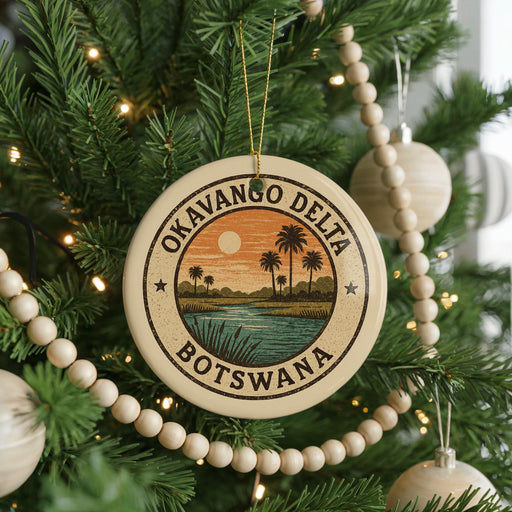 A circular ornament on a Christmas tree, featuring a palm tree and a sunset landscape, with the text "OKAVANGO DELTA BOTSWANA" around the edge.