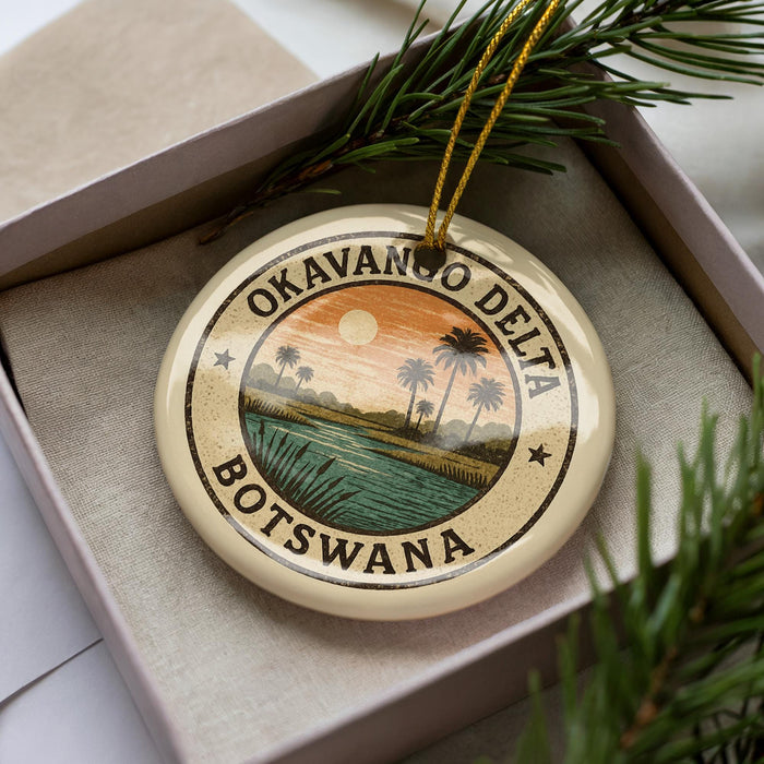 A circular ornament with a tropical landscape design, featuring palm trees, a body of water, and a sunset. The text around the ornament reads "OKAVANGO DELTA BOTSWANA".