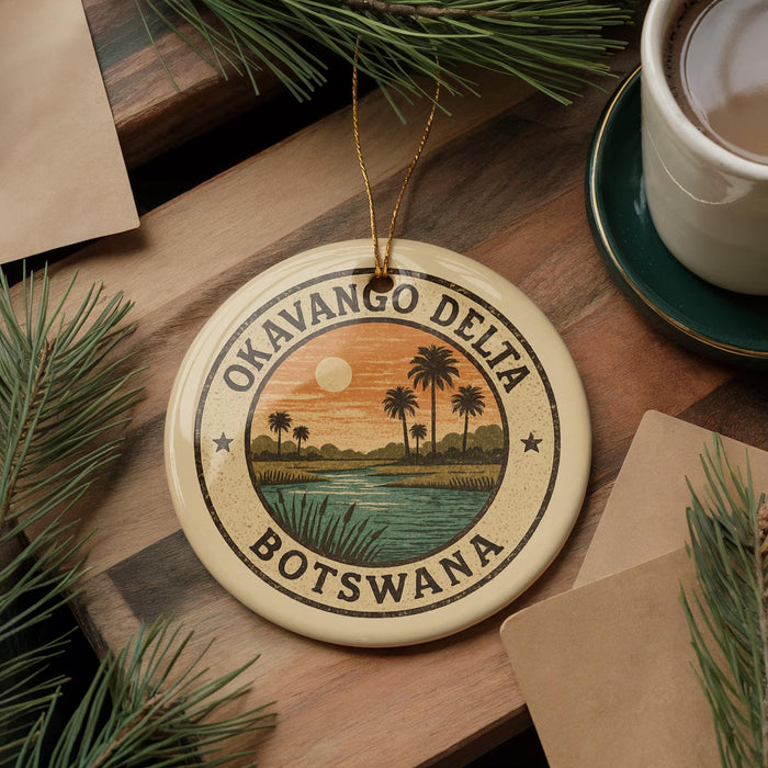 A circular ornament with the text "OKAVANGO DELTA Botswana" and a tropical landscape design, placed on a wooden surface next to a cup of coffee and some pine branches.
