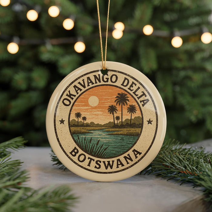 A circular ornament with a tropical landscape design, featuring palm trees, a sunset, and a body of water, is displayed in front of a Christmas tree with lights.