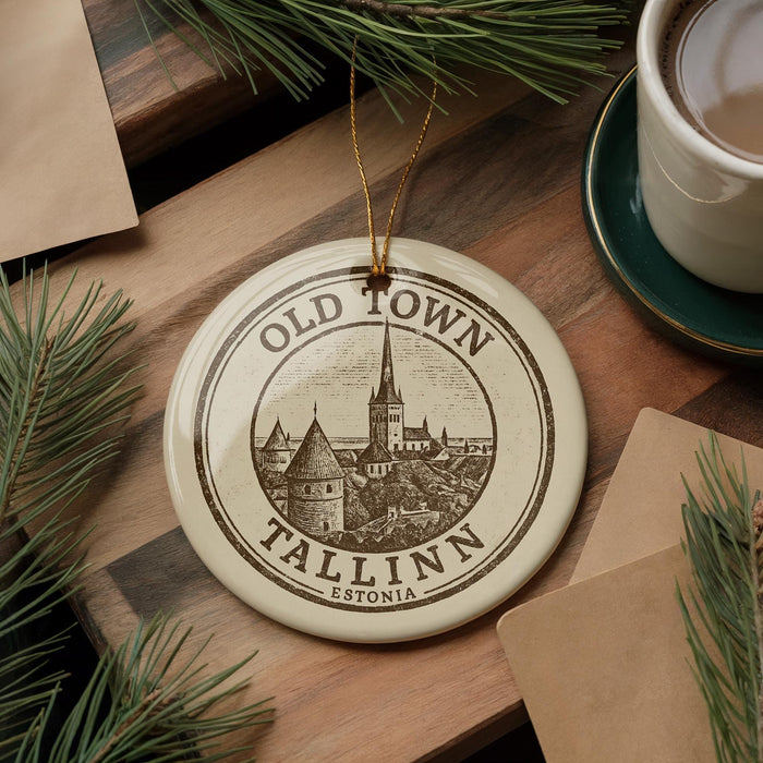 A circular ornament with the text "OLD TOWN TALLINN" and "TALLINN, Estonia" printed on it, along with a depiction of a castle, is displayed on a wooden surface.