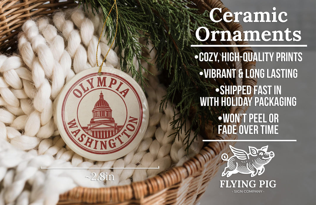 a ceramic ornament hanging from a wicker basket, with a text overlay providing information about the ornament.