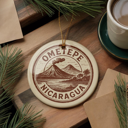 A circular ornament with the text "OMETEpe Nicaragua" and an illustration of a mountain and ocean, placed on a wooden surface next to a cup of coffee and pine branches.