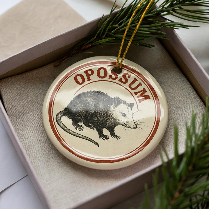 A circular ornament with the word "OPOSUM" written on it, featuring an illustration of a small animal, is displayed in a box with pine branches.