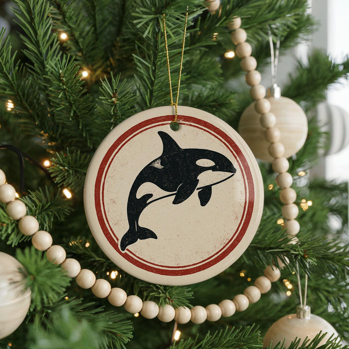 A Christmas tree decorated with ornaments, including a circular ornament featuring a black and white orca whale silhouette.