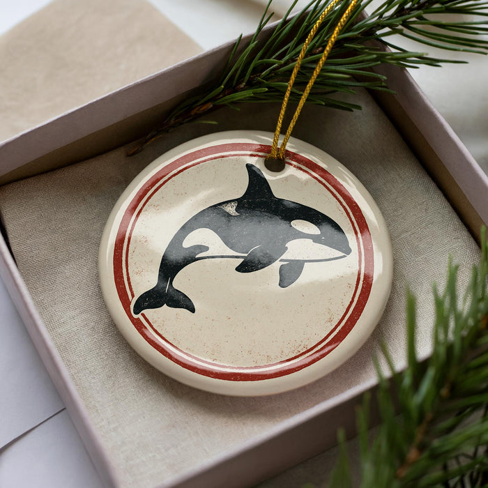 A ceramic ornament in the shape of a black and white orca whale, with a red border, is displayed in a box with pine branches.