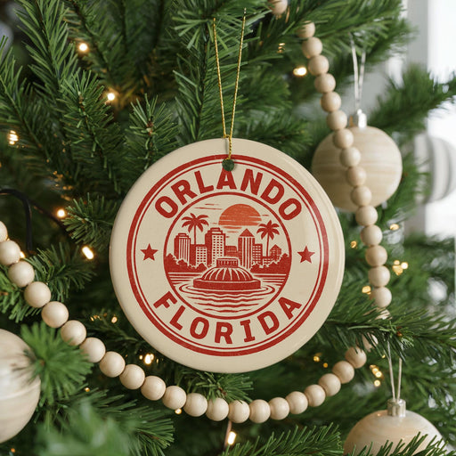 A Christmas tree decorated with ornaments, including a circular ornament with the text "ORLANDO FLORIDA" and a palm tree design.