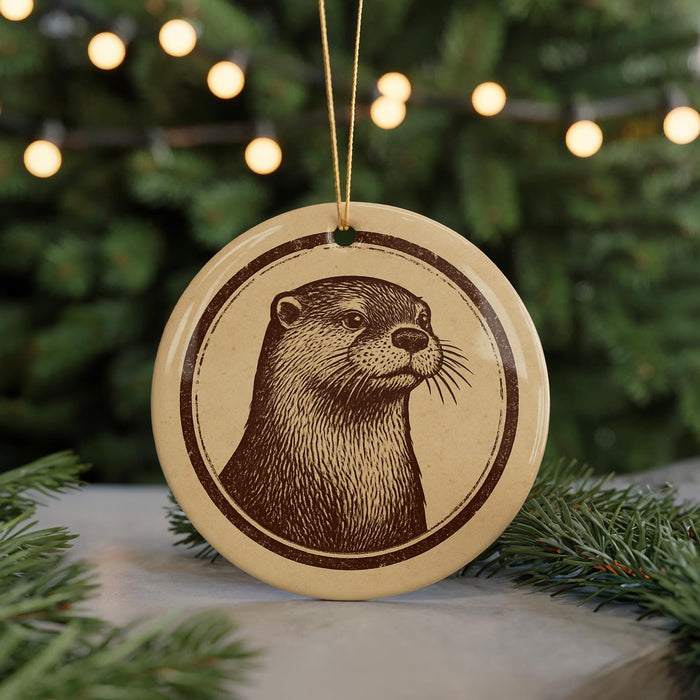 A round ornament featuring a close-up of an otter's head, with a brown and beige color scheme and a decorative border around the image.