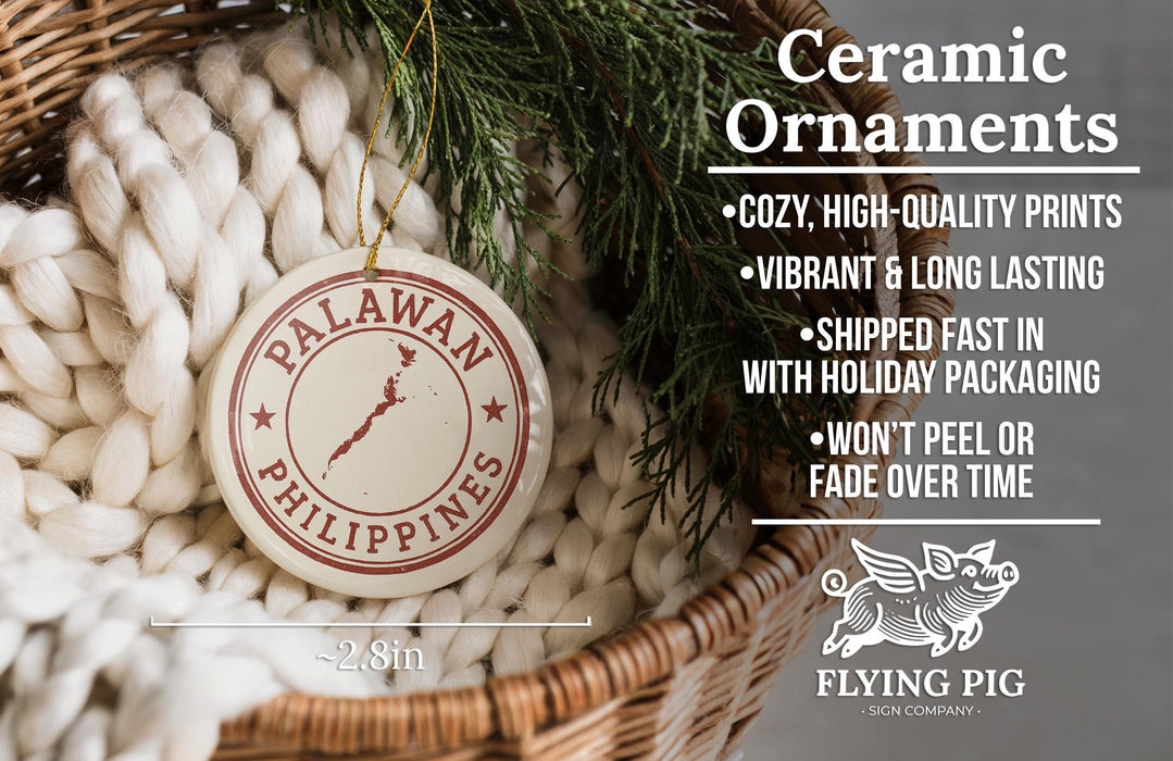 a ceramic ornament hanging from a wicker basket, with a text overlay providing information about the ornament.
