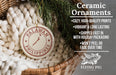 a ceramic ornament hanging from a wicker basket, with a text overlay providing information about the ornament.