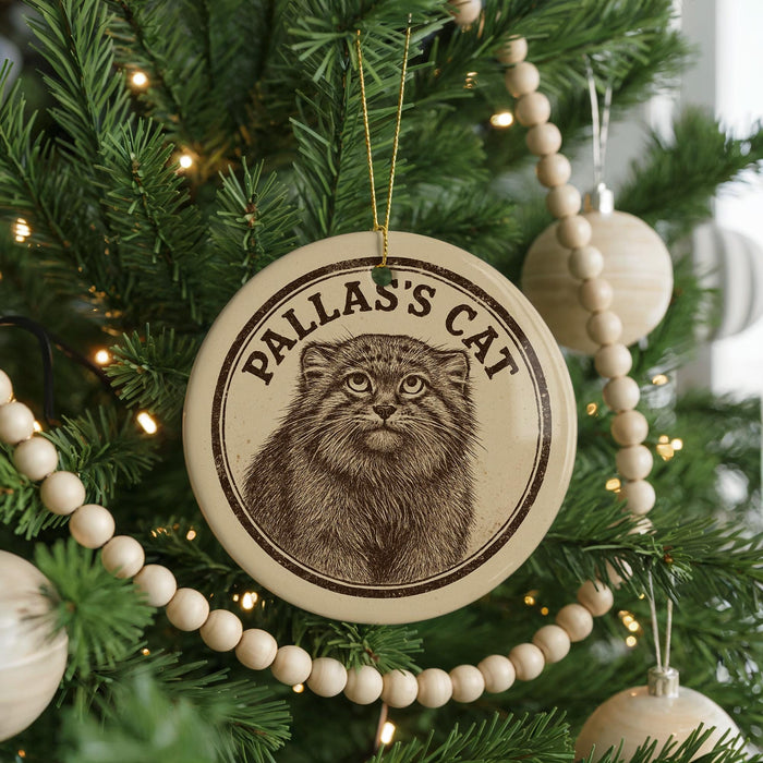 A Christmas tree decorated with ornaments, including a circular ornament with a cat image and the text "PALLAS'S CAT".