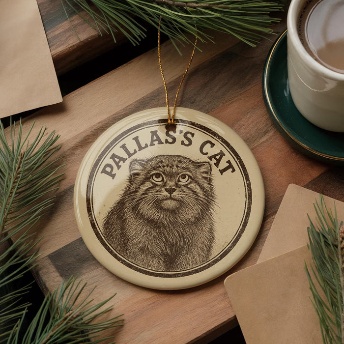 A circular ornament featuring a cat's image, with the text "PALLAS'S CAT" printed on it, is displayed on a wooden surface alongside a cup of coffee and some pine branches.