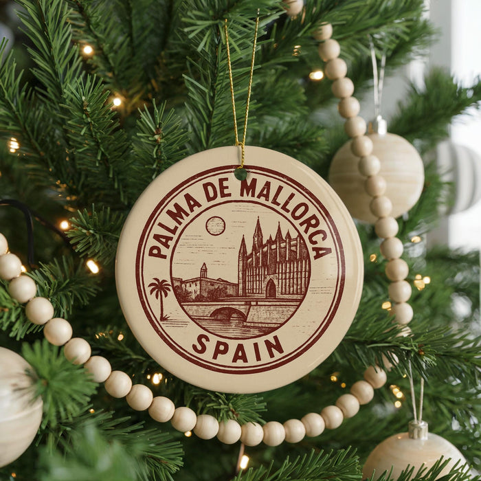A Christmas tree decorated with ornaments, including a circular ornament with the text "PALMA DE MALLORCA SPAIN" and a castle illustration.
