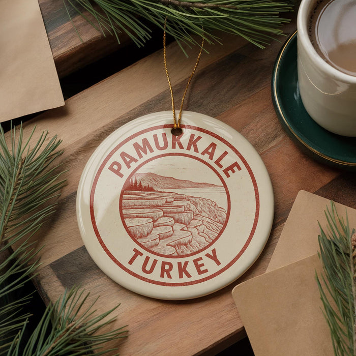A circular ornament with the text "PAMURKALE TURKEY" is displayed on a wooden surface, surrounded by pine branches and a cup of coffee.