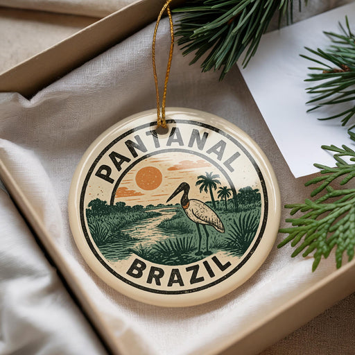 A circular ornament with the text "PANTANAL BRASIL" and an illustration of a bird standing in a tropical landscape.