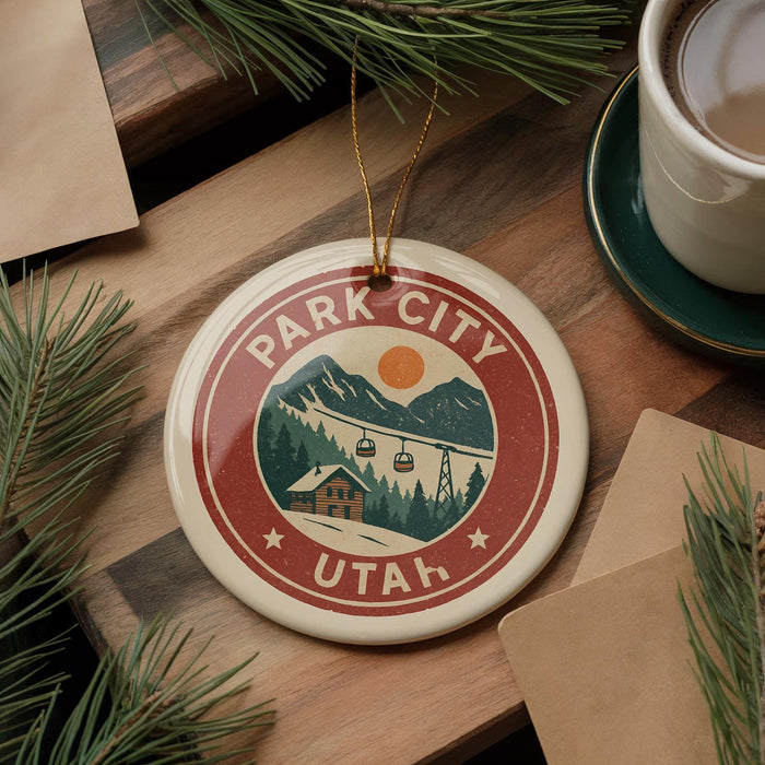 A circular ornament with the text "PARK CITY UTAH" and a mountain landscape design, hanging on a wooden surface next to a cup of coffee and pine branches.