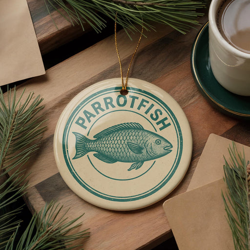 A round ornament with the word "PARROFTISH" and a fish illustration is displayed on a wooden surface, accompanied by a cup of coffee and pine branches.