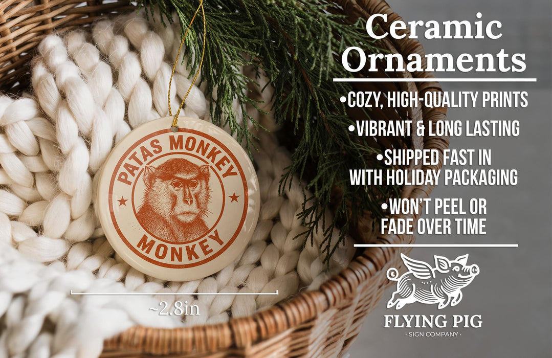 Ceramic ornaments, featuring a monkey design, are displayed in a woven basket.