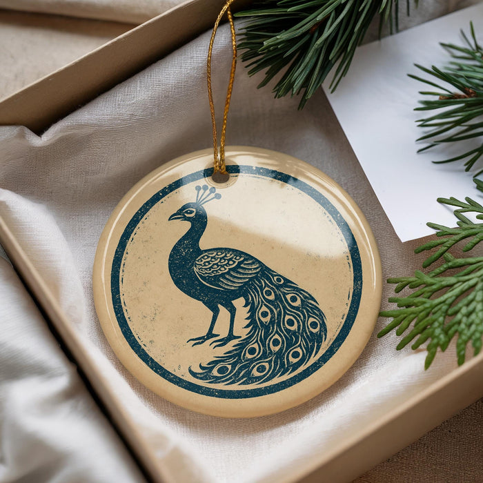 A decorative ornament featuring a peacock is displayed in a box, surrounded by pine branches and greenery.
