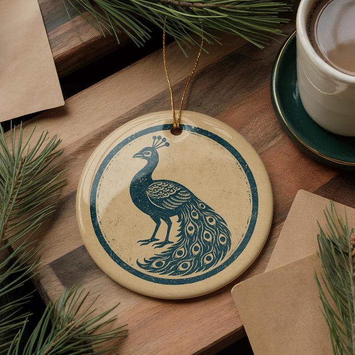 A decorative ornament featuring a peacock is displayed on a wooden surface, accompanied by a cup of coffee and some pine branches.