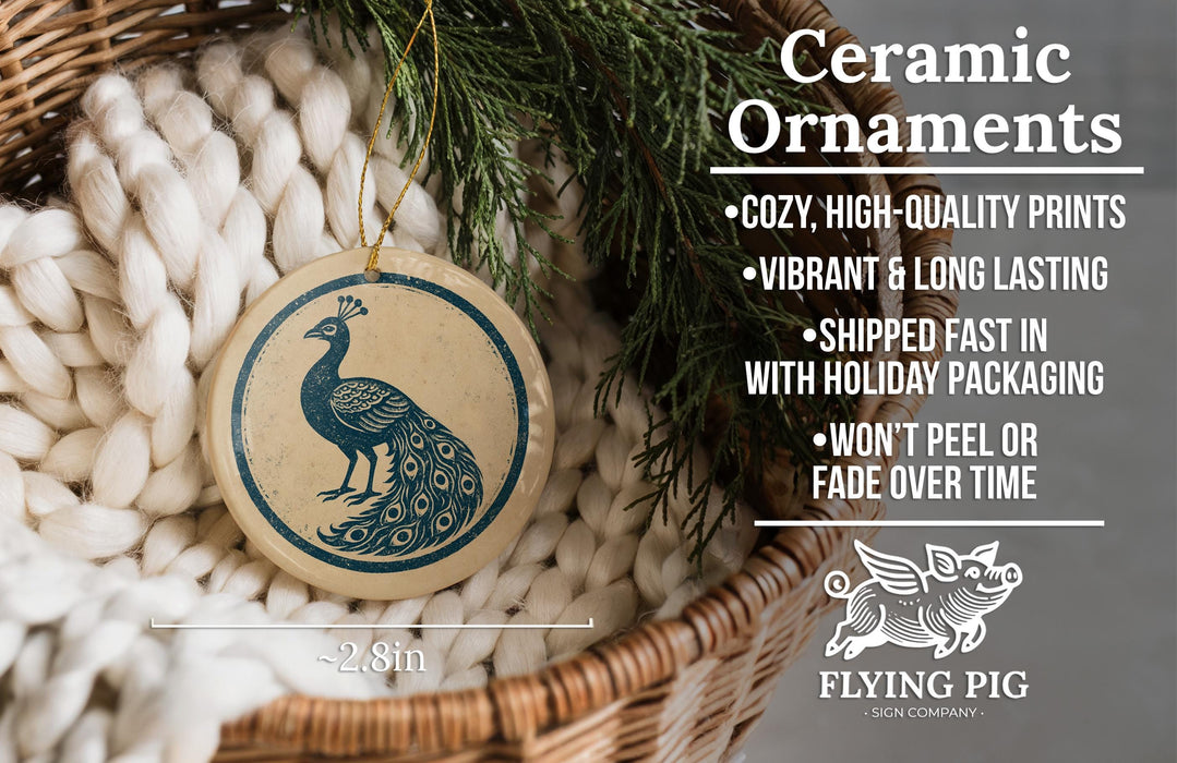 Ceramic ornaments, featuring a peacock design, are displayed in a woven basket.