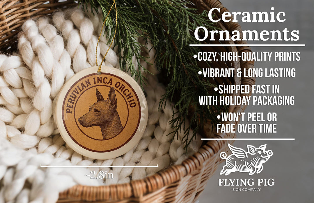 Ceramic ornaments, featuring a Peruvian Inca orchid, are displayed in a woven basket.