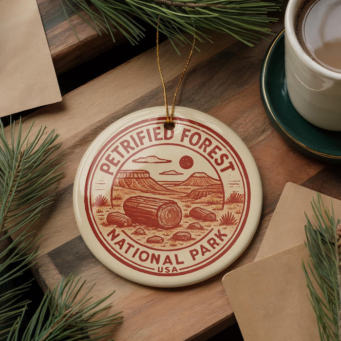 A circular ornament with the text "PETRIFIED FOREST NATIONAL PARK USA" printed on it, surrounded by pine branches and a cup of coffee on a wooden surface.