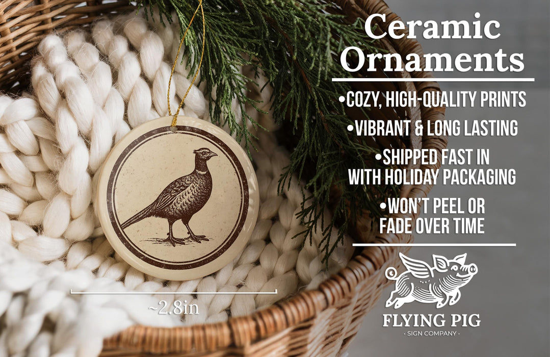 Ceramic ornaments, featuring a bird design, are displayed in a woven basket.