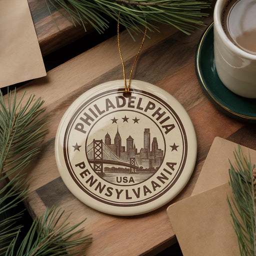 A circular ornament with the text "PHILADELPHIA PENNSYLVANIA USA" printed on it, surrounded by pine branches and a cup of coffee on a wooden surface.