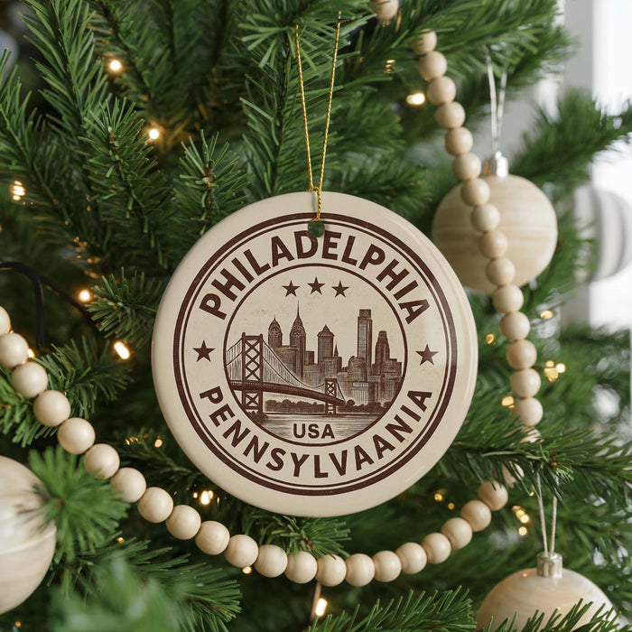 A circular ornament on a Christmas tree, featuring the text "PHILADELPHIA PENNSYLVANIA USA" and an illustration of the Philadelphia skyline.