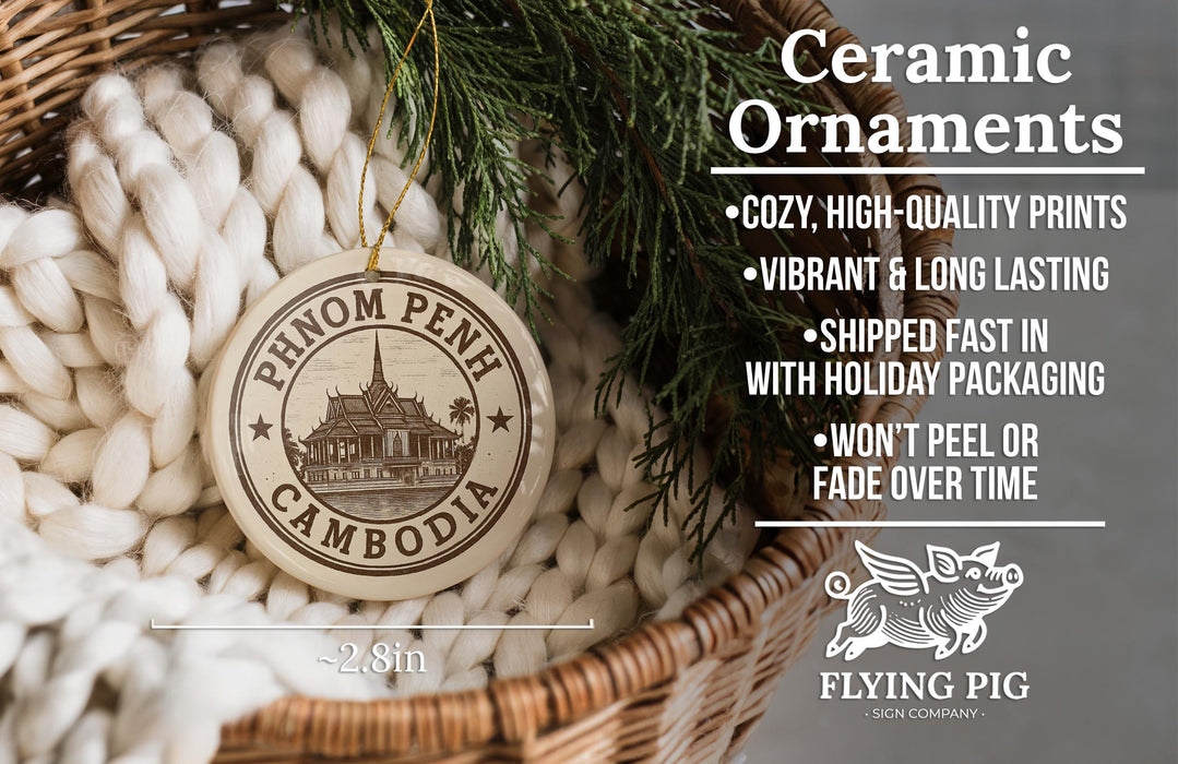 a ceramic ornament hanging from a wicker basket, with a text overlay providing information about the ornament.