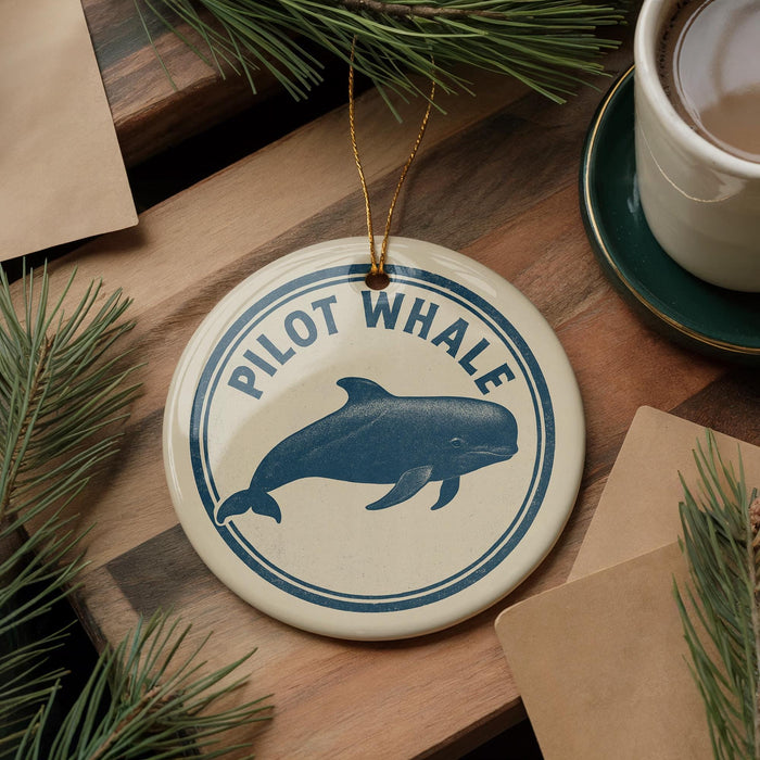 A round ornament with a blue whale image and the text "PILOT WHALE" is displayed on a wooden surface, surrounded by pine branches and a cup of coffee.
