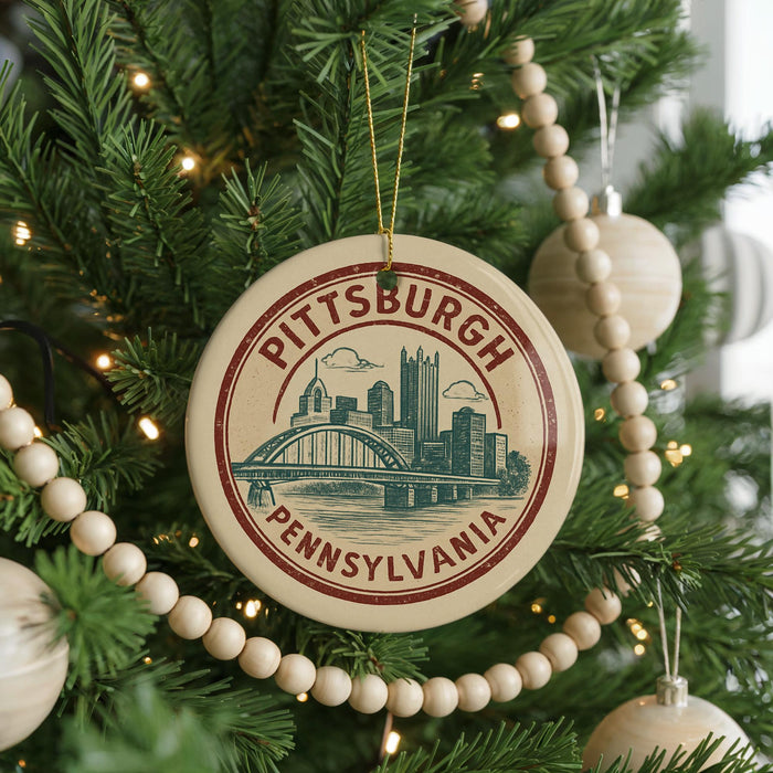 A round ornament on a Christmas tree, featuring a cityscape and the text "PITTSBURGH PENNSYLVANIA".