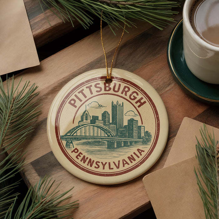 A circular ornament with the text "PITTSBURGH PENNSYLVANIA" and an illustration of a bridge and city skyline, hanging on a wooden surface.