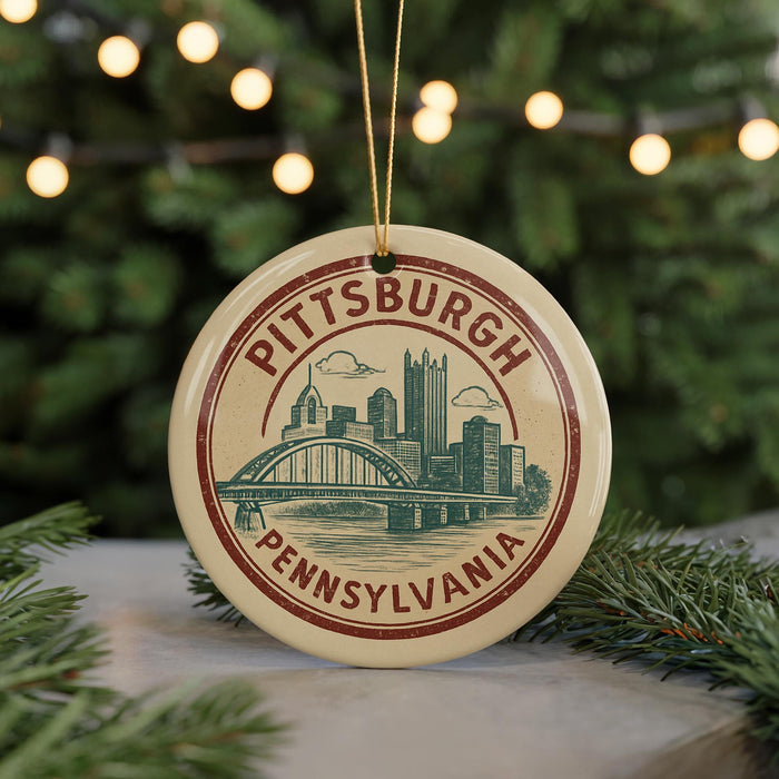 A circular ornament with the text "PITTSBURGH PENNSYLVANIA" and an illustration of a bridge and city skyline.