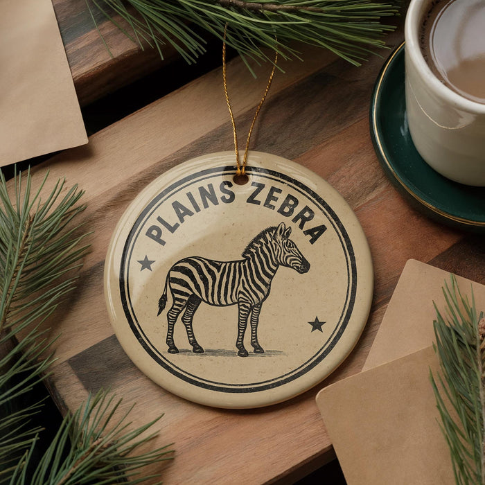 a decorative ornament with a zebra illustration, placed on a wooden surface alongside a cup of coffee and some pine branches.