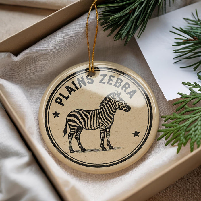 A decorative ornament featuring a zebra illustration, with the text "PLANS ZEBRA" printed on it, is displayed in a box with pine branches.