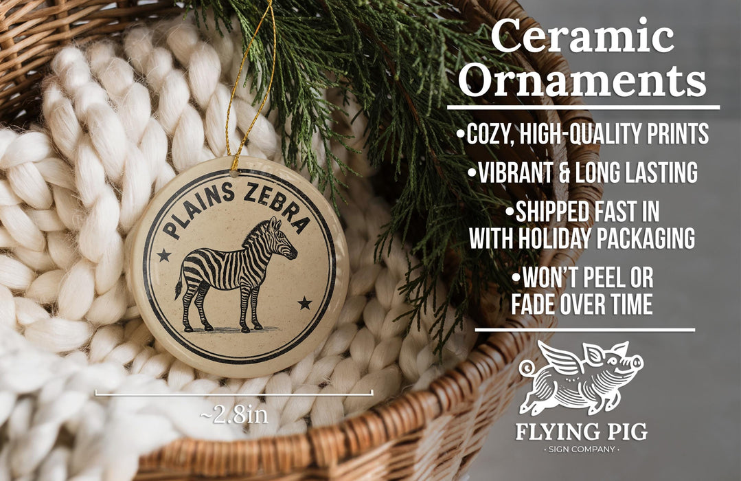 a ceramic ornament in a basket, with a text overlay providing information about the ornament.